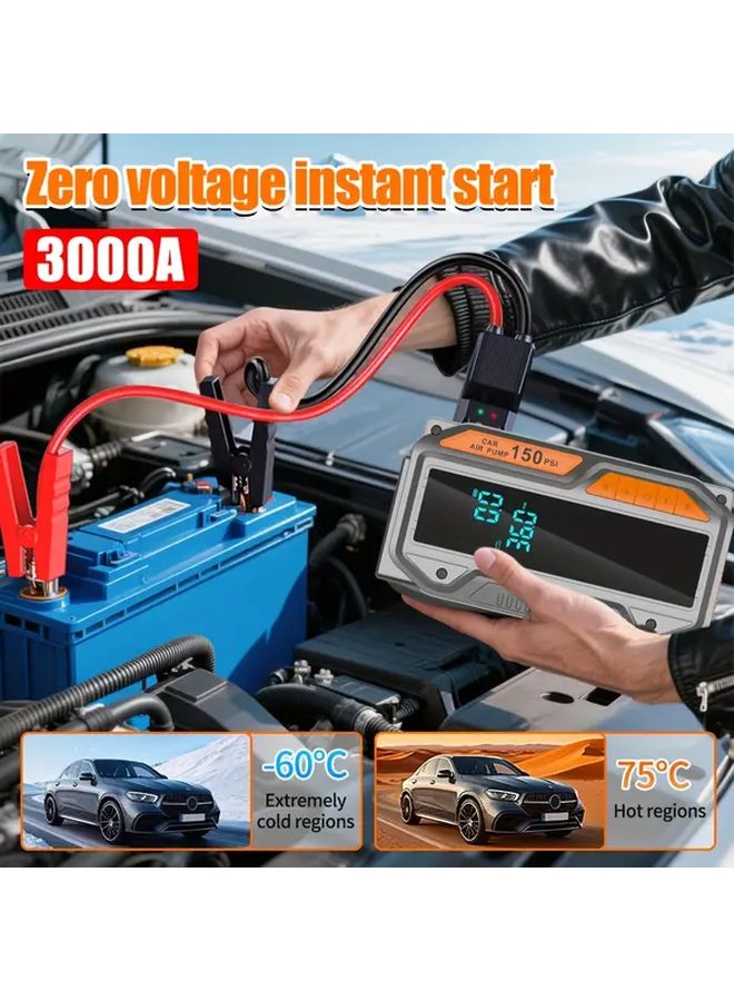 Multifunctional Air Pump Car Jump Starter Tire Inflator 150PSI 10L Gasoline Diesel Vehicles - Image 2